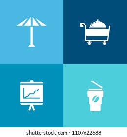 Modern, simple vector icon set on colorful background with cup, document, summer, oriental, chart, cappuccino, culture, graphic, graph, kimono, drink, restaurant, umbrella, away, take, colorful icons