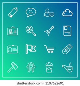 Modern, simple vector icon set on gradient background with bubble, pencil, profile, retro, vintage, culture, chat, tool, identity, construction, storage, flag, retail, hammer, egypt, status, pen icons