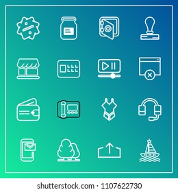 Modern, simple vector icon set on gradient background with safe, bank, tree, stationary, office, upload, water, business, yacht, safety, environment, summer, bikini, ocean, tin, boat, security icons
