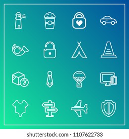 Modern, simple vector icon set on gradient background with tie, security, parachuting, protect, suit, leather, travel, payment, model, protection, flight, hanger, shield, cup, jump, cafe, bag icons