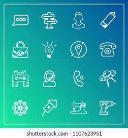 Modern, simple vector icon set on gradient background with ship, home, atv, celebration, avatar, work, telephone, business, ufo, sewing, craft, extreme, headset, door, hanger, spaceship, speech icons