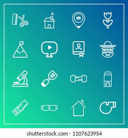 Modern, simple vector icon set on gradient background with construction, job, hammer, floral, laboratory, workout, tool, referee, kitchen, object, room, sun, flower, hair, fitness, business, gym icons
