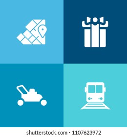 Modern, simple vector icon set on colorful background with vehicle, transportation, australia, equipment, modern, asia, cartography, tool, anniversary, mover, love, atlas, mower, bow, box, train icons