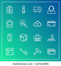 Modern, simple vector icon set on gradient background with fashion, phone, shovel, fish, market, basket, packaging, shop, tie, web, transportation, professional, rod, construction, box, button icons