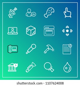 Modern, simple vector icon set on gradient background with bank, social, search, estate, profile, water, audio, real, fast, musical, sound, food, liquid, banking, chicken, status, equipment, mic icons