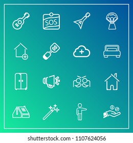 Modern, simple vector icon set on gradient background with speaker, furniture, voice, roof, money, building, musical, house, balloon, celebration, sky, cupboard, carnival, home, finance, air icons