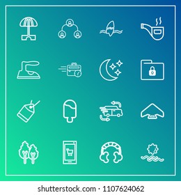 Modern, simple vector icon set on gradient background with hierarchy, car, sweet, transportation, headset, delivery, tag, morning, tropical, mobile, nature, parachuting, cream, parachute, paper icons