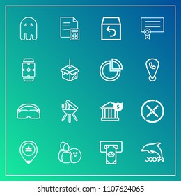 Modern, simple vector icon set on gradient background with dolphin, business, ghost, nature, pin, stop, diploma, bowling, location, barbecue, work, sign, wildlife, no, fear, delivery, game, ball icons