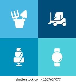 Modern, simple vector icon set on colorful background with delivery, chocolate, truck, shovel, toy, bakery, cupcake, screen, vacation, cargo, van, shipping, watch, touch, yellow, smart, service icons