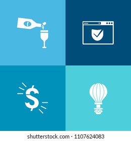 Modern, simple vector icon set on colorful background with landing, pour, glass, bottle, celebration, parachuting, drink, skydiving, sport, parachute, alcohol, red, currency, lock, winery, wine icons