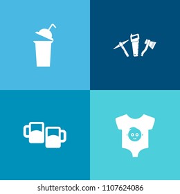 Modern, simple vector icon set on colorful background with beer, repair, restaurant, white, small, boy, blue, infant, child, tea, bar, tool, cup, mug, cold, cotton, lager, hammer, clothing, girl icons