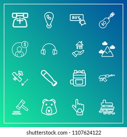 Modern, simple vector icon set on gradient background with modern, bat, ship, telephone, hand, bear, finger, vessel, grizzly, sign, mobile, courthouse, lawyer, army, equipment, nature, gesture icons