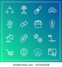 Modern, simple vector icon set on gradient background with sound, shop, beach, construction, interior, carnival, ocean, baja, security, music, table, finance, business, blue, equipment, mexico icons