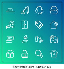 Modern, simple vector icon set on gradient background with fishing, open, view, estate, tv, rent, unlock, camera, road, typography, headset, square, map, professional, hairdresser, sport, hair icons