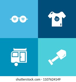 Modern, simple vector icon set on colorful background with girl, sun, transport, retro, nature, newborn, vacation, clothing, child, white, camper, instrument, cotton, kid, garment, summer, tool icons