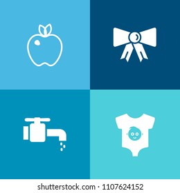 Modern, simple vector icon set on colorful background with fruit, tie, girl, business, newborn, boy, fashion, ripe, clean, food, cotton, clothes, faucet, vegetarian, accessory, clothing, necktie icons