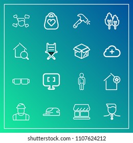 Modern, simple vector icon set on gradient background with home, worker, shovel, nature, tree, builder, hat, equipment, curtain, landscape, construction, medal, laptop, object, male, computer icons