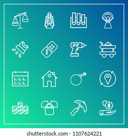 Modern, simple vector icon set on gradient background with metal, measurement, tshirt, balance, equipment, home, calendar, white, falling, bomb, medical, dollar, timetable, time, distribution icons