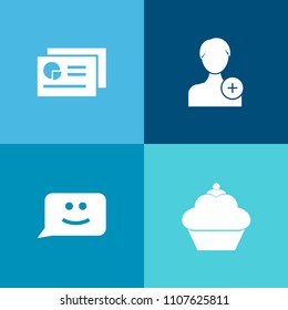 Modern, simple vector icon set on colorful background with account, food, cafe, funny, pastry, member, person, cupcake, cartoon, finance, doughnut, manager, consultant, document, dessert, data icons