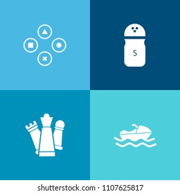 Modern, simple vector icon set on colorful background with shaker, piece, internet, food, kitchen, marine, water, black, king, white, transportation, technology, strategy, cuisine, cargo, vessel icons