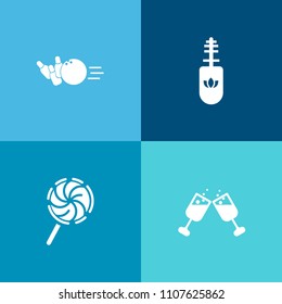 Modern, simple vector icon set on colorful background with recreation, wine, leisure, cabernet, striped, wineglass, paint, strike, white, dessert, eyelash, alley, beauty, drink, lane, bowling icons