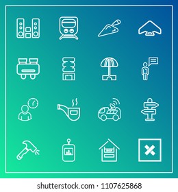 Modern, simple vector icon set on gradient background with train, remote, navigation, way, railway, television, work, technology, parachute, travel, play, pipe, music, equipment, audio, sound icons