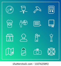 Modern, simple vector icon set on gradient background with spice, winner, target, competition, food, internet, photography, world, lighthouse, architecture, gold, web, white, button, camera, map icons