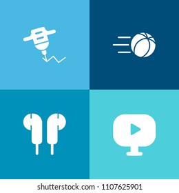 Modern, simple vector icon set on colorful background with competition, tool, button, drill, music, hand, industry, player, ball, sign, construction, play, volume, earphone, male, ear, white icons