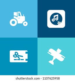Modern, simple vector icon set on colorful background with travel, flight, gift, tractor, plane, coupon, machine, vehicle, sign, agriculture, banner, key, transportation, harvest, paper, black icons