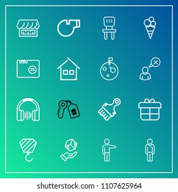 Modern, simple vector icon set on gradient background with chair, key, sweet, food, cream, paper, decoration, man, folder, shop, shipping, whistle, hand, interior, holiday, package, showing, box icons