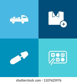 Modern, simple vector icon set on colorful background with menu, restaurant, auto, transportation, paint, add, beauty, shipping, blank, vehicle, lash, shirt, brush, template, posing, tshirt, van icons