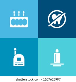 Modern, simple vector icon set on colorful background with pastry, cake, glowing, kid, delicious, oral, candle, sugar, pie, wax, walkie, boy, bakery, flame, christmas, care, dentist, talkie, toy icons