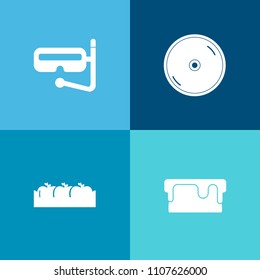 Modern, simple vector icon set on colorful background with water, underwater, disk, disc, dvd, organic, cream, box, digital, fruit, snorkeling, food, summer, sweet, bakery, music, apple, ripe icons