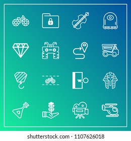 Modern, simple vector icon set on gradient background with folk, door, escape, security, seedling, bike, sound, culture, sign, business, growth, retro, life, music, construction, helicopter, air icons