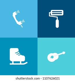 Modern, simple vector icon set on colorful background with rock, object, winter, electric, people, exercise, musical, button, cell, fun, song, ice, brush, musician, roller, skater, call, string icons