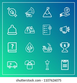 Modern, simple vector icon set on gradient background with forest, winner, ship, car, mountain, package, fashion, landscape, money, rescue, environment, pen, war, sea, white, ribbon, book, sky icons