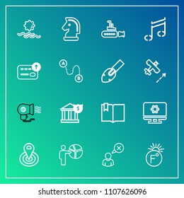 Modern, simple vector icon set on gradient background with meeting, money, chessboard, sun, white, fahrenheit, profile, web, businessman, electric, landscape, setting, temperature, sunrise, open icons