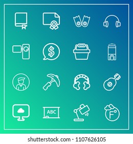 Modern, simple vector icon set on gradient background with guitar, equipment, education, underwater, lamp, picking, board, summer, book, sea, headset, encyclopedia, home, temperature, music, boy icons