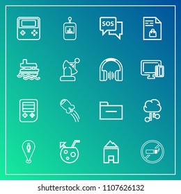 Modern, simple vector icon set on gradient background with technology, file, cloud, network, rocket, web, document, sign, glass, communication, summer, button, cigarette, house, help, business icons