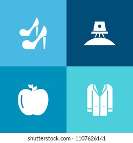 Modern, simple vector icon set on colorful background with outfit, style, star, organic, orbit, earth, universe, winter, vegetarian, healthy, woman, beauty, casual, clothing, elegance, clothes icons