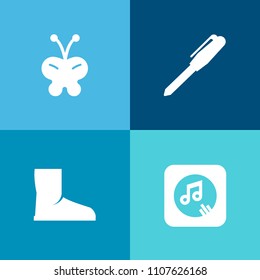 Modern, simple vector icon set on colorful background with graphic, foot, white, marker, butterfly, musical, beautiful, fly, green, note, sign, shoe, stationery, collection, silhouette, office icons
