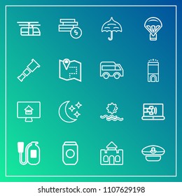 Modern, simple vector icon set on gradient background with call, emergency, open, hat, rain, communication, can, building, morning, medieval, captain, sunrise, money, castle, transportation, cap icons