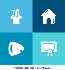 Modern, simple vector icon set on colorful background with architecture, electric, estate, certificate, property, stamp, real, show, sign, sound, musical, success, music, magic, paper, document icons