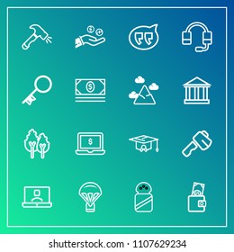 Modern, simple vector icon set on gradient background with purse, extreme, nature, speech, ingredient, white, tool, jump, equipment, screen, food, landscape, parachuting, salt, graduation, coin icons
