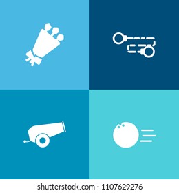 Modern, simple vector icon set on colorful background with bunch, sign, link, connection, sport, ball, bouquet, war, nature, hobby, element, gift, alley, decoration, blossom, rose, cannon, pin icons