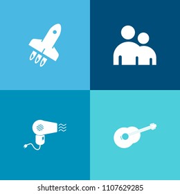 Modern, simple vector icon set on colorful background with music, travel, barber, launch, musician, ship, technology, rocket, figure, rock, businessman, sign, speed, future, male, hairdresser icons