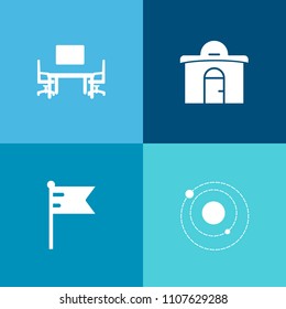 Modern, simple vector icon set on colorful background with house, solar, banner, modern, desk, country, galaxy, nation, keyboard, white, estate, concept, system, urban, mars, america, astronomy icons