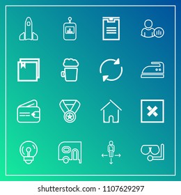 Modern, simple vector icon set on gradient background with glass, button, place, mask, car, success, transport, van, delivery, prize, finance, bulb, launch, money, sign, road, architecture, sea icons