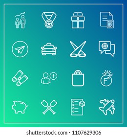 Modern, simple vector icon set on gradient background with thermometer, checklist, growth, sign, temperature, giftbox, glasses, bag, prize, oar, plane, package, present, development, airplane icons