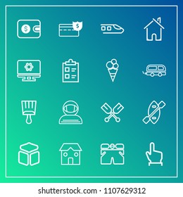 Modern, simple vector icon set on gradient background with finance, travel, bank, building, cosmonaut, paddle, touch, wallet, house, boat, paint, transportation, space, shorts, template, wear icons